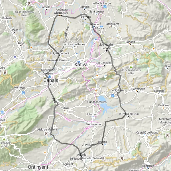 Map miniature of "The Mountainous Loop: Albaida to Aielo de Malferit, Sellent, l'Énova and Bèlgida" cycling inspiration in Comunitat Valenciana, Spain. Generated by Tarmacs.app cycling route planner