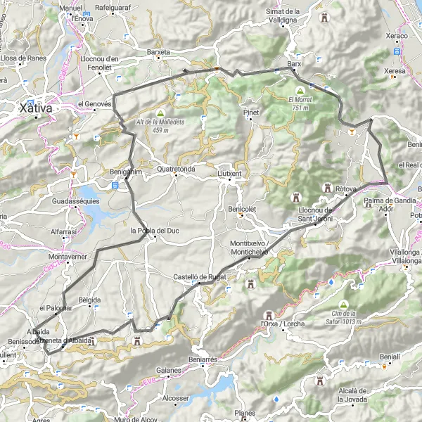 Miniatura mapy "Trasa rowerowa ze wzgłędami w pobliżu Albaida (Comunitat Valenciana, Hiszpania)" - trasy rowerowej w Comunitat Valenciana, Spain. Wygenerowane przez planer tras rowerowych Tarmacs.app