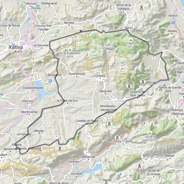 Miniature de la carte de l'inspiration cycliste "Parcours Scénique à Travers les Collines Valenciennes" dans la Comunitat Valenciana, Spain. Générée par le planificateur d'itinéraire cycliste Tarmacs.app