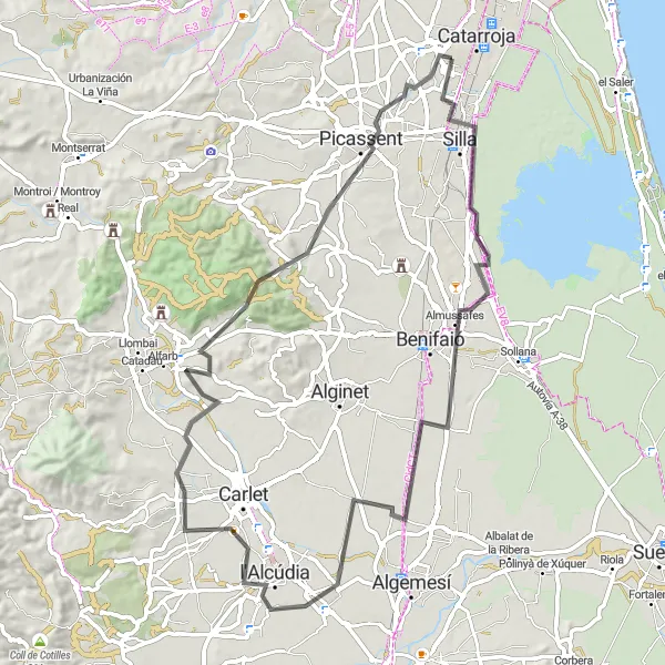 Miniatura della mappa di ispirazione al ciclismo "Giro in bici da strada tra Albal e Alcàsser" nella regione di Comunitat Valenciana, Spain. Generata da Tarmacs.app, pianificatore di rotte ciclistiche