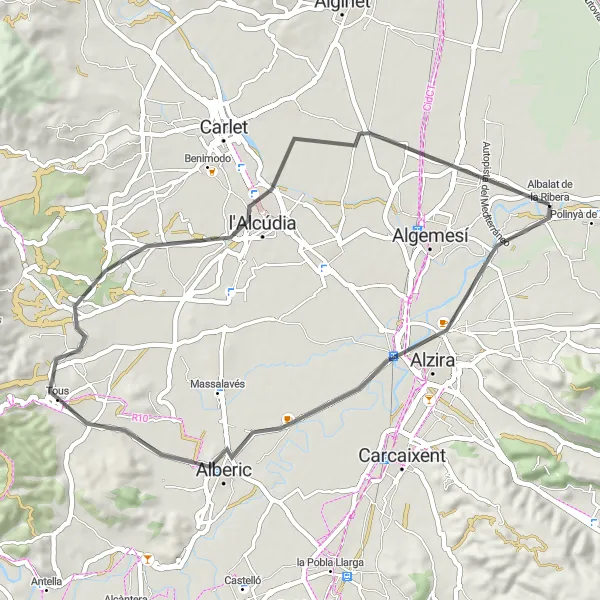 Map miniature of "Alzira - Alberic Loop" cycling inspiration in Comunitat Valenciana, Spain. Generated by Tarmacs.app cycling route planner