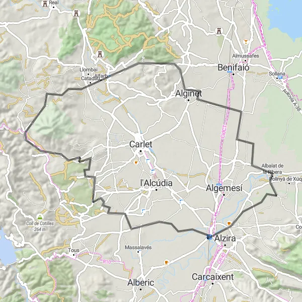 Miniatua del mapa de inspiración ciclista "Ruta ciclista de Albalat de la Ribera a Alzira y Catadau" en Comunitat Valenciana, Spain. Generado por Tarmacs.app planificador de rutas ciclistas