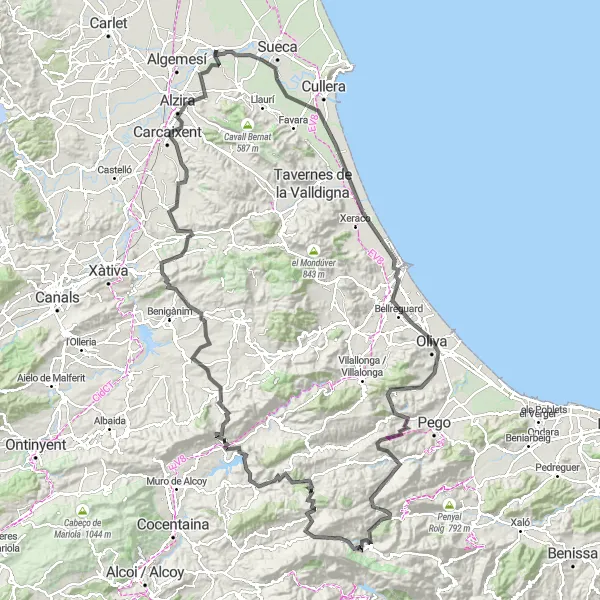 Map miniature of "Valencia - Oliva - Xàbia Loop" cycling inspiration in Comunitat Valenciana, Spain. Generated by Tarmacs.app cycling route planner