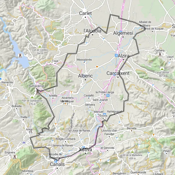 Karten-Miniaturansicht der Radinspiration "Die Alzira-L'Énova-Rundfahrt" in Comunitat Valenciana, Spain. Erstellt vom Tarmacs.app-Routenplaner für Radtouren