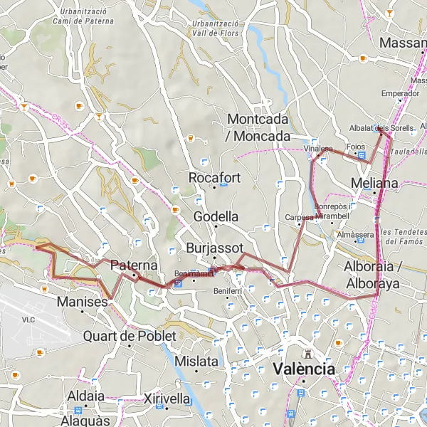 Miniatua del mapa de inspiración ciclista "Circuito de Grava por Burjassot desde Albalat dels Sorells" en Comunitat Valenciana, Spain. Generado por Tarmacs.app planificador de rutas ciclistas