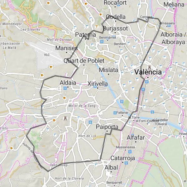 Miniatua del mapa de inspiración ciclista "Ruta de Ciclismo en Carretera desde Albalat dels Sorells a Valencia" en Comunitat Valenciana, Spain. Generado por Tarmacs.app planificador de rutas ciclistas