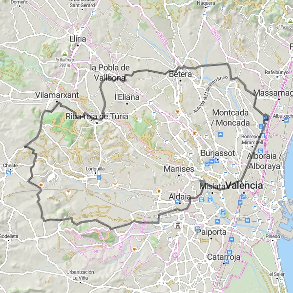 Miniatua del mapa de inspiración ciclista "Ruta en Carretera hacia Emperador desde Albalat dels Sorells" en Comunitat Valenciana, Spain. Generado por Tarmacs.app planificador de rutas ciclistas