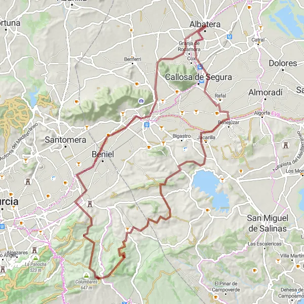 Map miniature of "Callosa de Segura to Orihuela Gravel Route" cycling inspiration in Comunitat Valenciana, Spain. Generated by Tarmacs.app cycling route planner