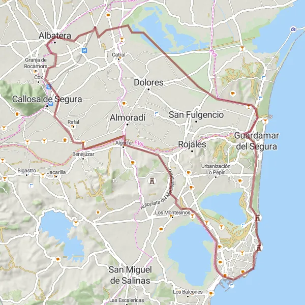 Map miniature of "San Isidro to Callosa de Segura Gravel Route" cycling inspiration in Comunitat Valenciana, Spain. Generated by Tarmacs.app cycling route planner