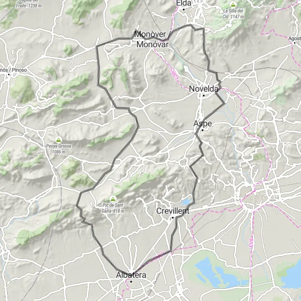 Map miniature of "Albatera to Crevillent Road Route" cycling inspiration in Comunitat Valenciana, Spain. Generated by Tarmacs.app cycling route planner