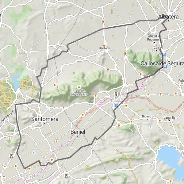 Miniature de la carte de l'inspiration cycliste "Escapade à Orihuela" dans la Comunitat Valenciana, Spain. Générée par le planificateur d'itinéraire cycliste Tarmacs.app