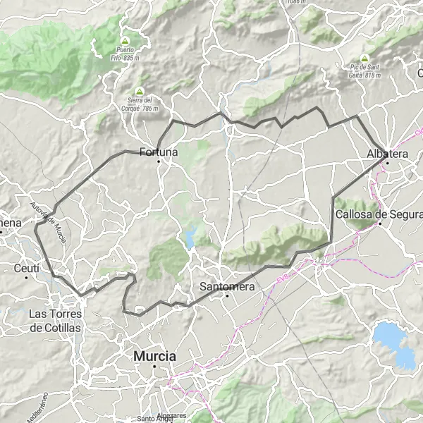 Miniatua del mapa de inspiración ciclista "Ruta en Bicicleta por Albatera - Cruz de la Muela - Pico Bermejo - Molina de Segura - Fortuna - Peña Roja" en Comunitat Valenciana, Spain. Generado por Tarmacs.app planificador de rutas ciclistas