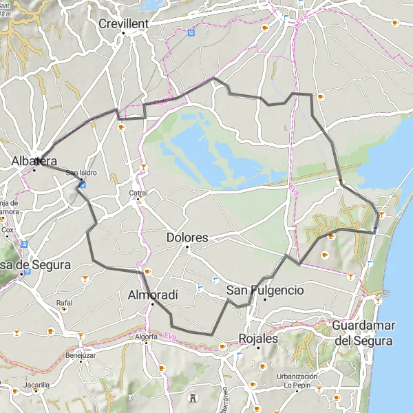 Miniatura della mappa di ispirazione al ciclismo "Tour ciclistico da Albatera a San Isidro" nella regione di Comunitat Valenciana, Spain. Generata da Tarmacs.app, pianificatore di rotte ciclistiche