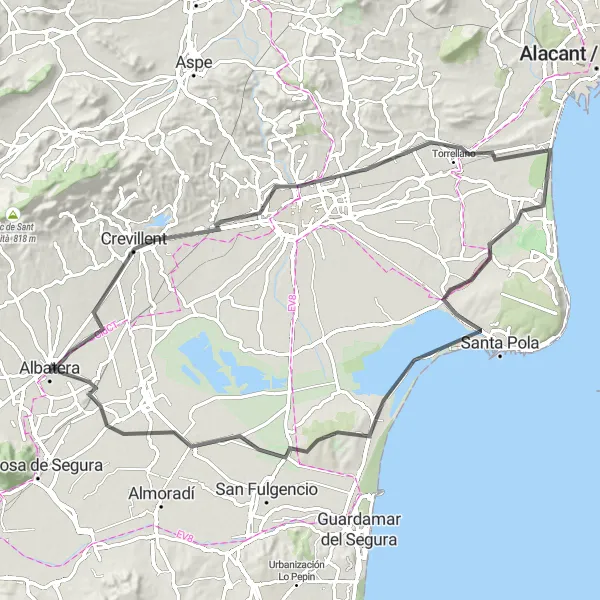 Miniature de la carte de l'inspiration cycliste "Boucle Crevillent-Playas de Santa Pola" dans la Comunitat Valenciana, Spain. Générée par le planificateur d'itinéraire cycliste Tarmacs.app