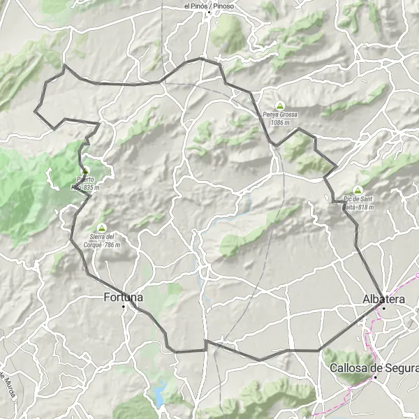 Miniatua del mapa de inspiración ciclista "Ruta en Bicicleta por Albatera - Benferri - Fortuna - Cabezo del Sastre - Cerro de la Cabra - Algueña - Hondón de los Frailes" en Comunitat Valenciana, Spain. Generado por Tarmacs.app planificador de rutas ciclistas
