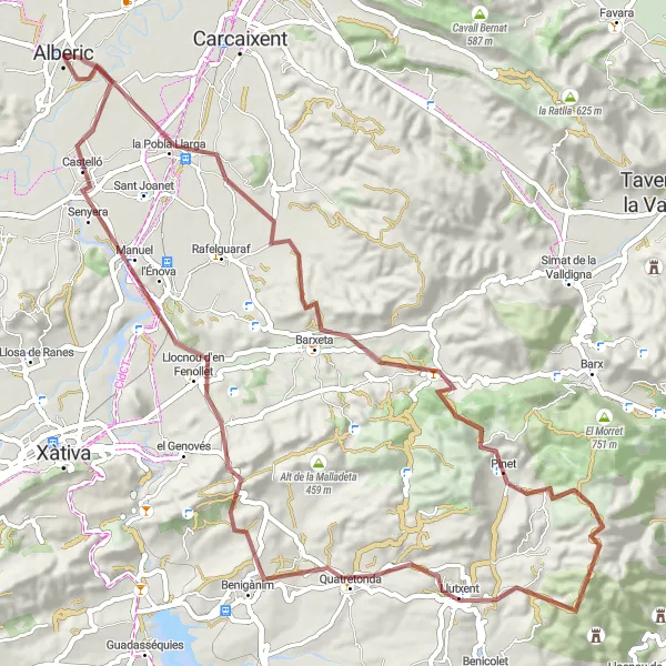 Miniatura della mappa di ispirazione al ciclismo "Esplorando El Raboser e l'Énova" nella regione di Comunitat Valenciana, Spain. Generata da Tarmacs.app, pianificatore di rotte ciclistiche