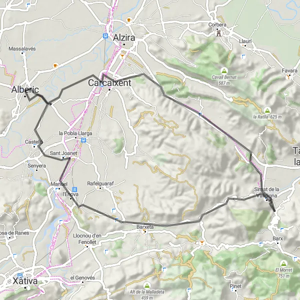 Miniaturní mapa "Příjemná silniční trasa kolem Carcaixentu" inspirace pro cyklisty v oblasti Comunitat Valenciana, Spain. Vytvořeno pomocí plánovače tras Tarmacs.app