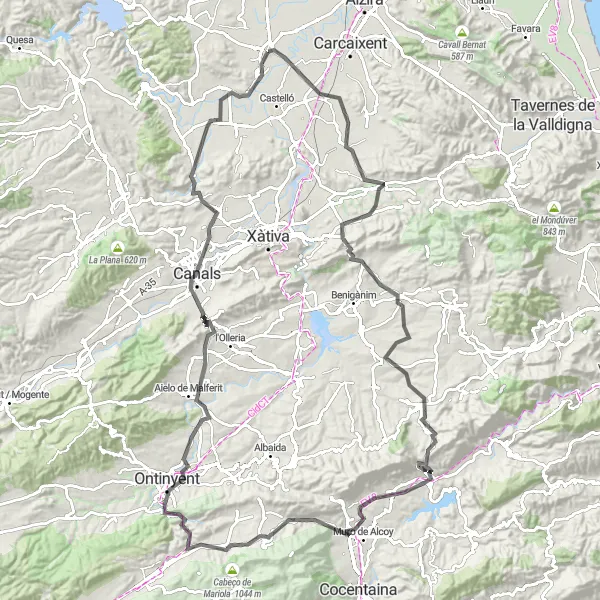 Miniature de la carte de l'inspiration cycliste "Ruta des Vall de la Safor" dans la Comunitat Valenciana, Spain. Générée par le planificateur d'itinéraire cycliste Tarmacs.app