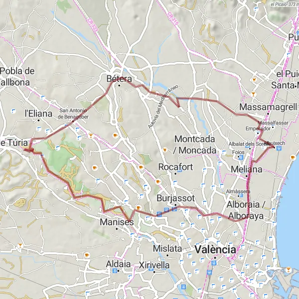 Map miniature of "Albuixech - Burjassot - Manises - Mirador de la Reina - Bétera - Massalfassar" cycling inspiration in Comunitat Valenciana, Spain. Generated by Tarmacs.app cycling route planner
