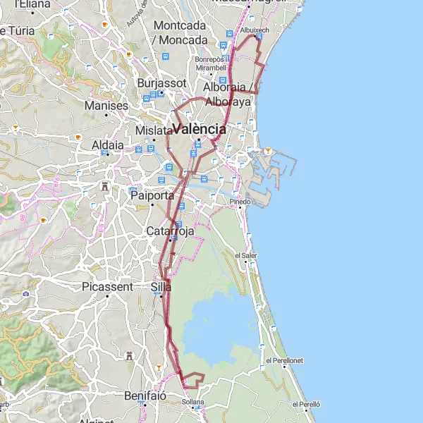 Miniatua del mapa de inspiración ciclista "Ruta de Grava por Albuixech y Alrededores" en Comunitat Valenciana, Spain. Generado por Tarmacs.app planificador de rutas ciclistas