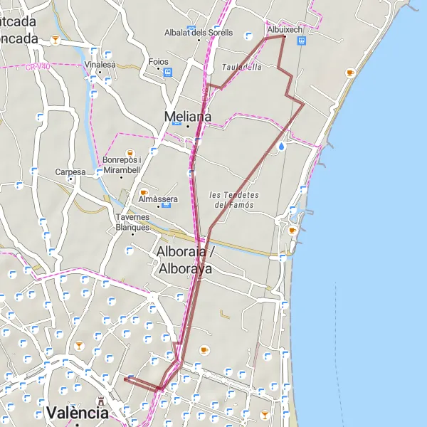 Map miniature of "Albuixech - Almàssera - Palacio de Benicarló - les Tendetes del Famós" cycling inspiration in Comunitat Valenciana, Spain. Generated by Tarmacs.app cycling route planner