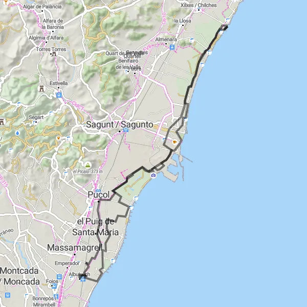 Karten-Miniaturansicht der Radinspiration "Die Küstenstraßen-Tour von Albuixech nach Puçol" in Comunitat Valenciana, Spain. Erstellt vom Tarmacs.app-Routenplaner für Radtouren