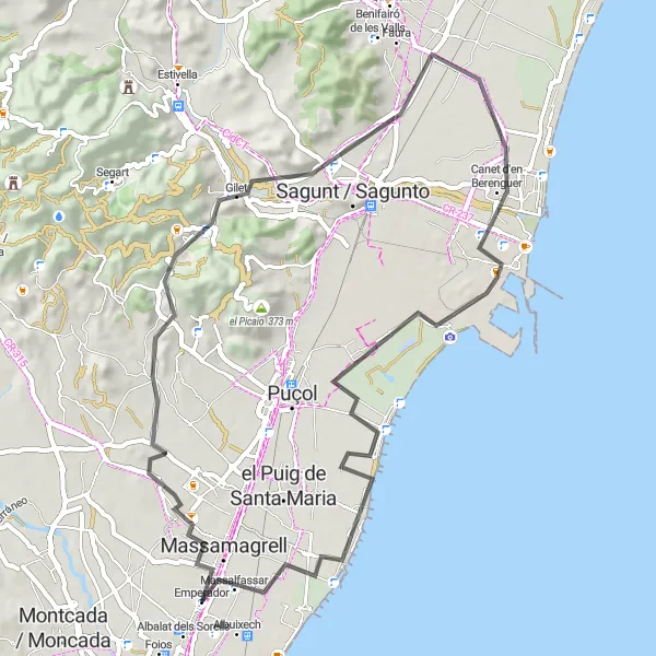 Miniatura mapy "Szlak kolowy zaczynajacy sie w poblizu Albuixech (Comunitat Valenciana, Hiszpania)" - trasy rowerowej w Comunitat Valenciana, Spain. Wygenerowane przez planer tras rowerowych Tarmacs.app