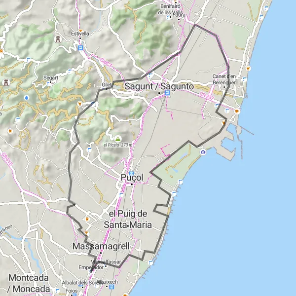 Miniatuurkaart van de fietsinspiratie "Rondrit Albuixech - Massamagrell - Coll de la Calderona - Canet d'en Berenguer - Grau Vell - Platja de Puçol - Massalfassar" in Comunitat Valenciana, Spain. Gemaakt door de Tarmacs.app fietsrouteplanner