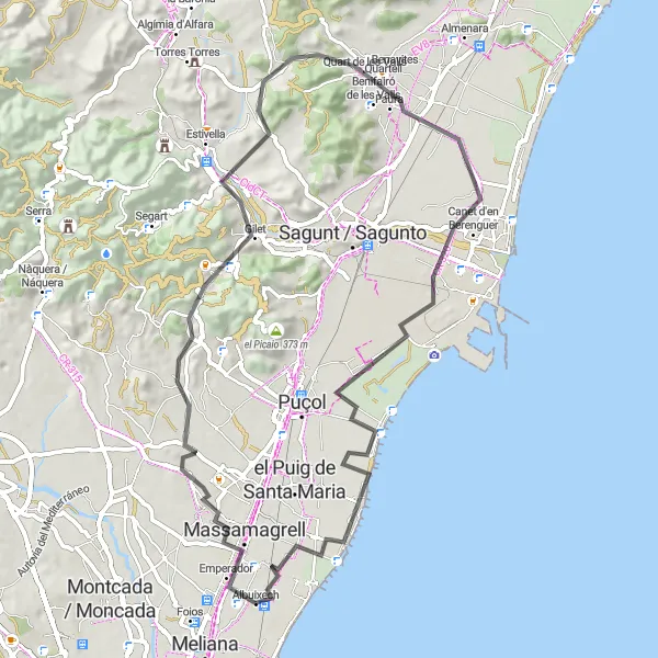 Map miniature of "Calderona Loop" cycling inspiration in Comunitat Valenciana, Spain. Generated by Tarmacs.app cycling route planner