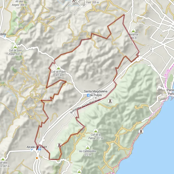 Miniatua del mapa de inspiración ciclista "Ruta en grava por Alcalà de Xivert" en Comunitat Valenciana, Spain. Generado por Tarmacs.app planificador de rutas ciclistas