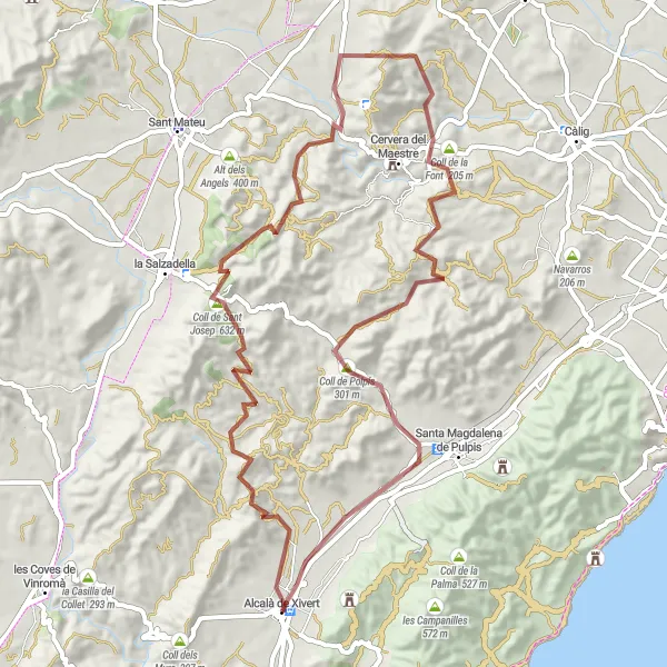 Miniatuurkaart van de fietsinspiratie "Route van Alcalà de Xivert naar Coll de la Font en Coll de Polpís" in Comunitat Valenciana, Spain. Gemaakt door de Tarmacs.app fietsrouteplanner