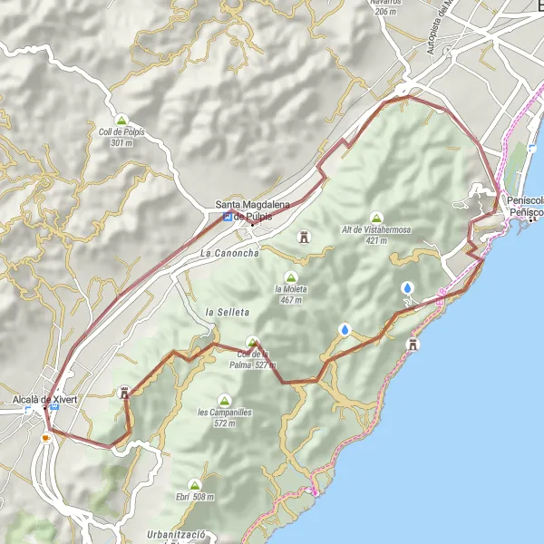 Map miniature of "Gravel Route: Castell de Xivert Loop" cycling inspiration in Comunitat Valenciana, Spain. Generated by Tarmacs.app cycling route planner