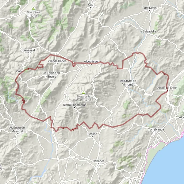 Miniaturní mapa "Extrémní gravelový okruh kolem Alcalà de Xivert" inspirace pro cyklisty v oblasti Comunitat Valenciana, Spain. Vytvořeno pomocí plánovače tras Tarmacs.app