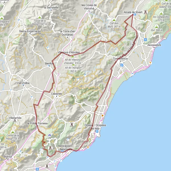 Miniaturní mapa "Gravel Cyklostezka kolem Alcalà de Xivert" inspirace pro cyklisty v oblasti Comunitat Valenciana, Spain. Vytvořeno pomocí plánovače tras Tarmacs.app