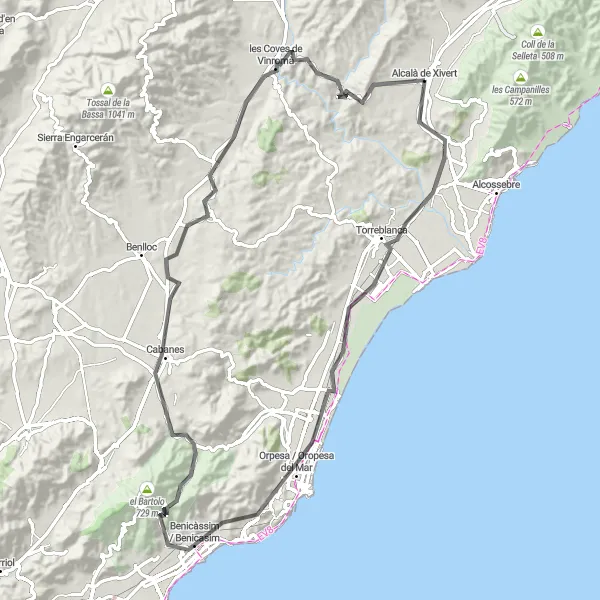 Miniaturekort af cykelinspirationen "Rundtur på landeveje mellem Alcalà de Xivert og Benicàssim" i Comunitat Valenciana, Spain. Genereret af Tarmacs.app cykelruteplanlægger
