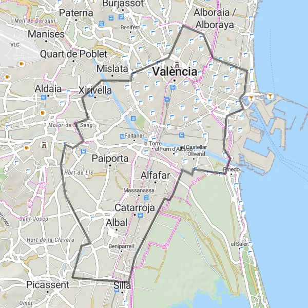 Miniaturní mapa "Okruhová cyklistická trasa Alcàsser - Xirivella - Silk Exchange - Llocnou de la Corona - Alcàsser" inspirace pro cyklisty v oblasti Comunitat Valenciana, Spain. Vytvořeno pomocí plánovače tras Tarmacs.app