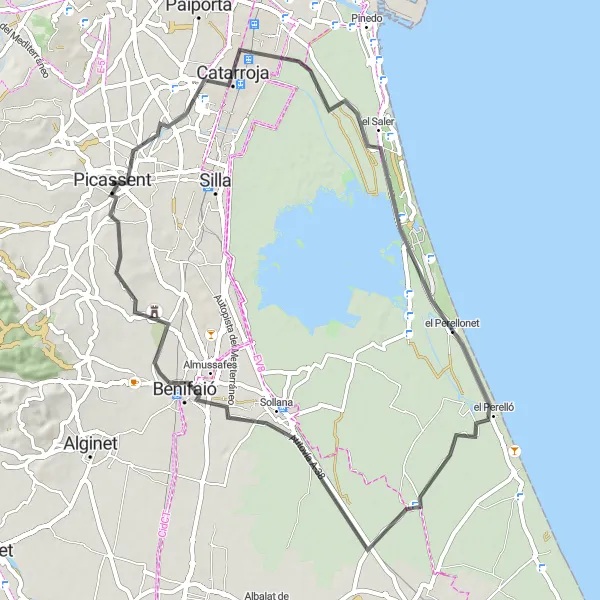 Miniatura della mappa di ispirazione al ciclismo "Giro in bicicletta intorno ad Alcàsser" nella regione di Comunitat Valenciana, Spain. Generata da Tarmacs.app, pianificatore di rotte ciclistiche