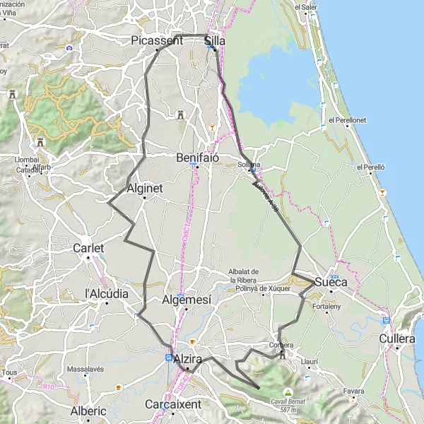 Miniatua del mapa de inspiración ciclista "Ruta ciclista de carretera desde Alcàsser hasta Alzira" en Comunitat Valenciana, Spain. Generado por Tarmacs.app planificador de rutas ciclistas