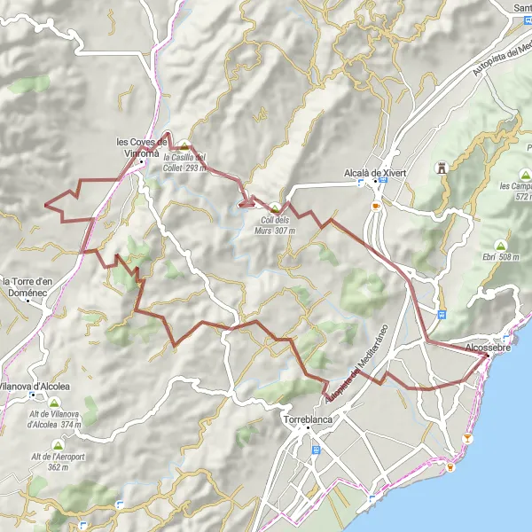Miniatura della mappa di ispirazione al ciclismo "Percorso in bicicletta gravel di 58 km vicino ad Alcossebre" nella regione di Comunitat Valenciana, Spain. Generata da Tarmacs.app, pianificatore di rotte ciclistiche