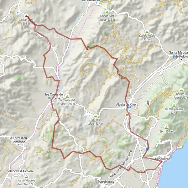 Map miniature of "Hidden Gems of Alcocéber" cycling inspiration in Comunitat Valenciana, Spain. Generated by Tarmacs.app cycling route planner