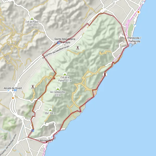 Miniatura della mappa di ispirazione al ciclismo "Tour in Gravel fino a Santa Magdalena de Pulpis" nella regione di Comunitat Valenciana, Spain. Generata da Tarmacs.app, pianificatore di rotte ciclistiche