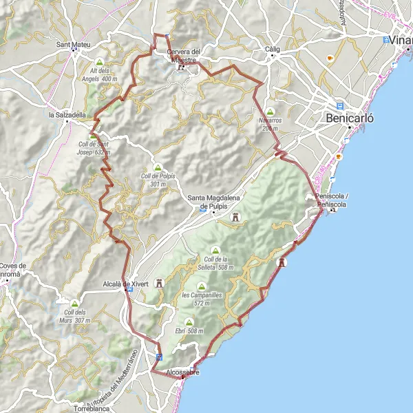 Map miniature of "Gravel Adventure in Alcocéber" cycling inspiration in Comunitat Valenciana, Spain. Generated by Tarmacs.app cycling route planner