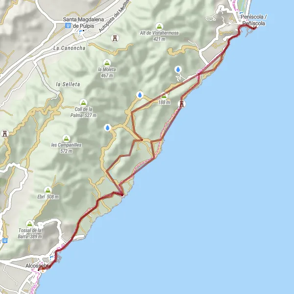 Map miniature of "Off-Road Adventure in Alcocéber" cycling inspiration in Comunitat Valenciana, Spain. Generated by Tarmacs.app cycling route planner