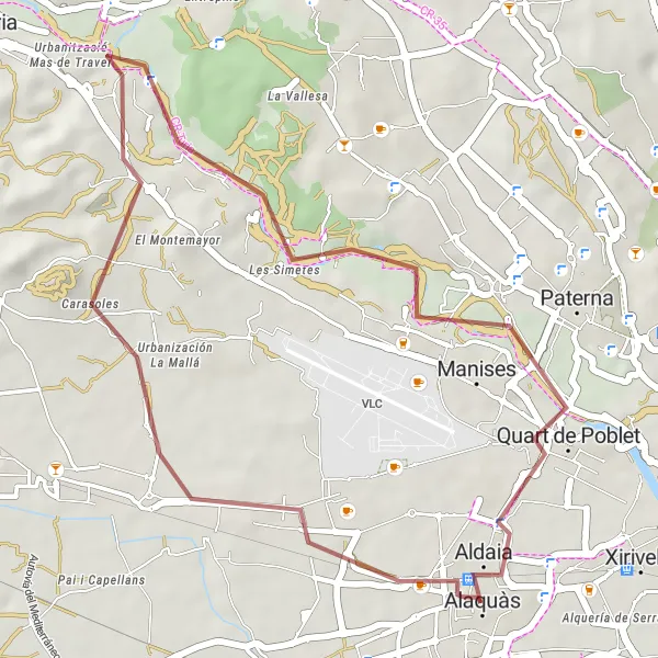 Miniatura della mappa di ispirazione al ciclismo "Tour Panoramico su Sterrato tra Castelli e Paesaggi Rurali Ad Aldaia" nella regione di Comunitat Valenciana, Spain. Generata da Tarmacs.app, pianificatore di rotte ciclistiche