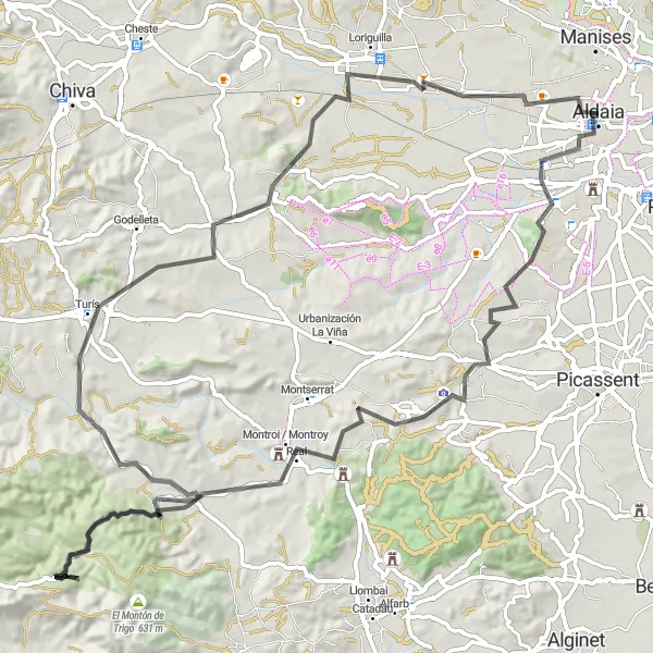 Miniatura della mappa di ispirazione al ciclismo "Tour Panoramico tra Le Colline Vicino ad Aldaia" nella regione di Comunitat Valenciana, Spain. Generata da Tarmacs.app, pianificatore di rotte ciclistiche