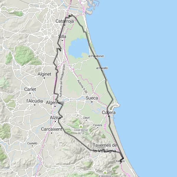 Miniature de la carte de l'inspiration cycliste "Tour de la lagune d'Albufera en route" dans la Comunitat Valenciana, Spain. Générée par le planificateur d'itinéraire cycliste Tarmacs.app