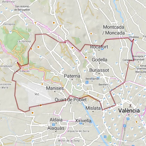 Miniatura della mappa di ispirazione al ciclismo "Tour in mountain bike da Alfara del Patriarca a Mirador de la Reina" nella regione di Comunitat Valenciana, Spain. Generata da Tarmacs.app, pianificatore di rotte ciclistiche
