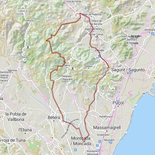 Map miniature of "Mountainous Challenge: Alfara del Patriarca to Estivella" cycling inspiration in Comunitat Valenciana, Spain. Generated by Tarmacs.app cycling route planner