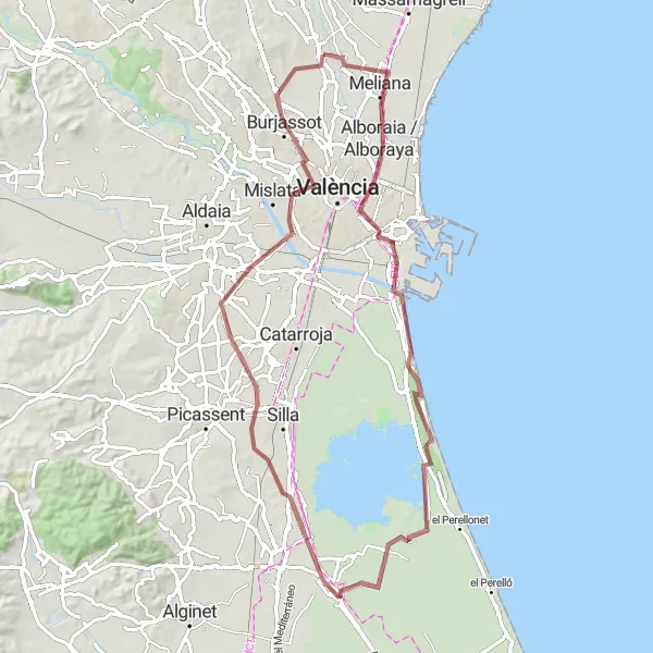 Miniatura della mappa di ispirazione al ciclismo "Cicloturismo tra le città d'arte e la natura vicino a Alfara del Patriarca" nella regione di Comunitat Valenciana, Spain. Generata da Tarmacs.app, pianificatore di rotte ciclistiche