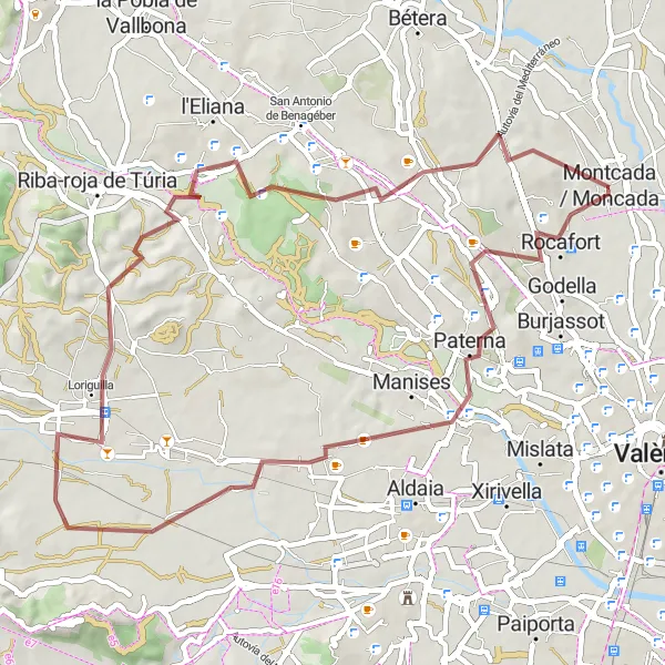 Miniatua del mapa de inspiración ciclista "Rutas de Gravilla y Naturaleza desde Alfara del Patriarca" en Comunitat Valenciana, Spain. Generado por Tarmacs.app planificador de rutas ciclistas